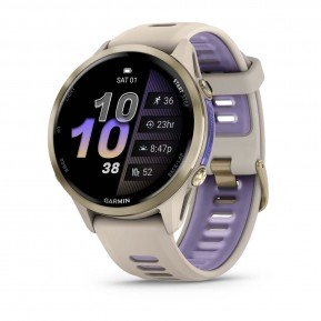 Смарт-годинник Garmin Forerunner 970 із золотистим титановим безелем, сірим корпусом і ремінцем кольору французький сірий/індиго Фото №1